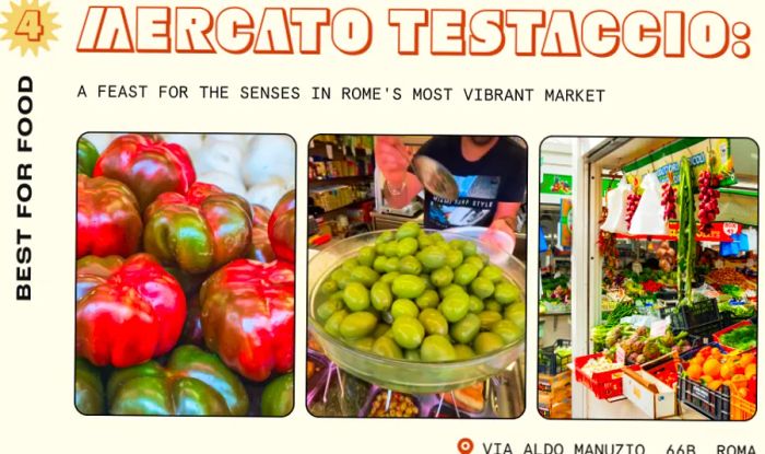 Close-up views of a bustling market in Testaccio, Rome, featuring an array of olives, tomatoes, and vibrant fresh fruits and vegetables.