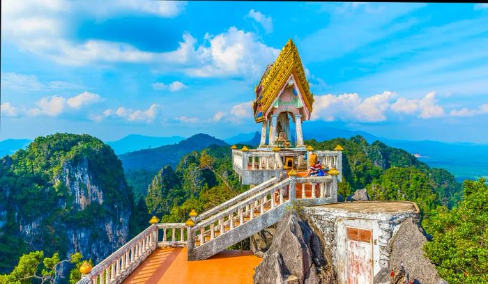 A picturesque view of mountains from Tiger Cave Temple (Wat Tham Suea), located in the Krabi region of Thailand