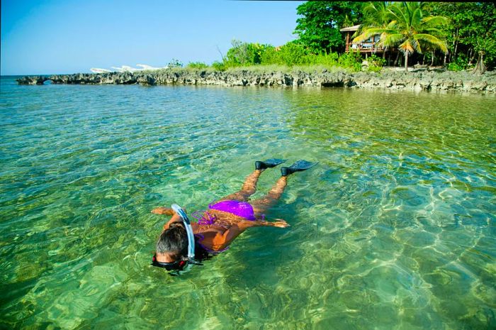 A young woman snorkels in shallow waters in Honduras.