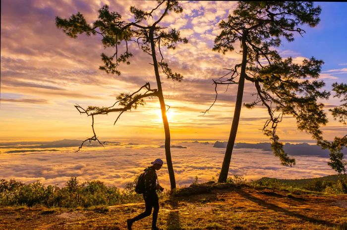 A silhouette of a person atop a mountain, framed by a sunset and clouds creating a rippling sky effect.