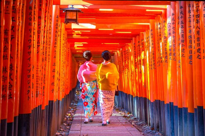 Two geishas stroll through the torii gate-lined paths at Fushimi Inari Shrine