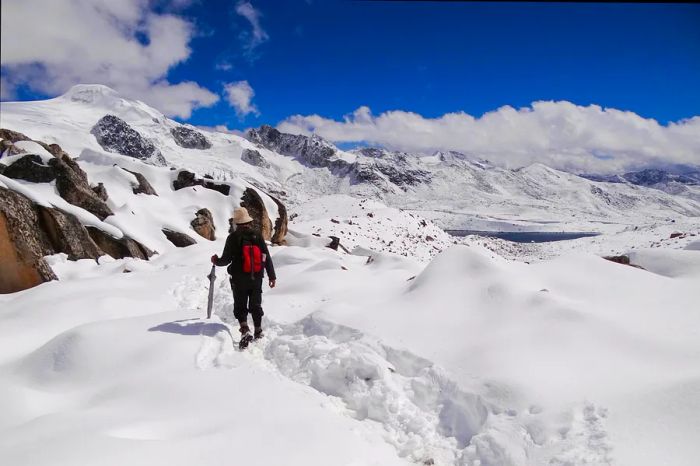 A man dressed for winter trudges through deep, powdery snow in the Himalayas during Bhutan's Snowman Trek