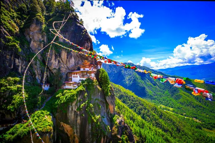 The Taktshang Goemba (Tiger's Nest Monastery) clings dramatically to a cliff in Bhutan