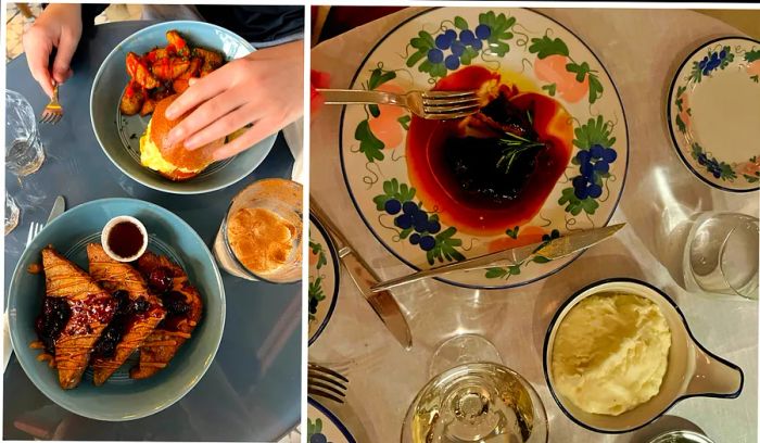 Close-up images featuring an egg-and-cheese breakfast croissant and another of a fish fillet with potatoes and wine.