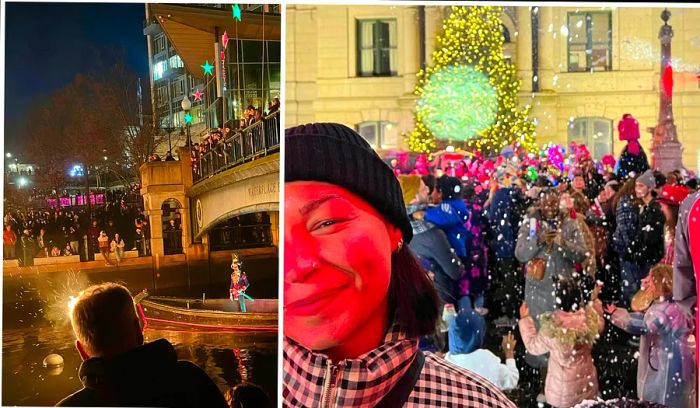 L: A Nutcracker performance on the river in Providence. R: A close-up of me, Rachel, in front of a Christmas tree.