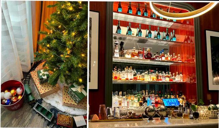 A collage featuring the hotel interior: the left image displays a Christmas tree in a bedroom, while the right showcases the hotel bar.