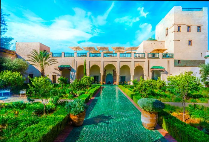 Serene interior view of Le Jardin Secret in Marrakesh, Morocco