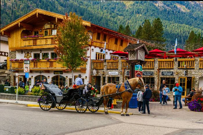 A horse-drawn carriage awaits outside a Bavarian-style beer house.