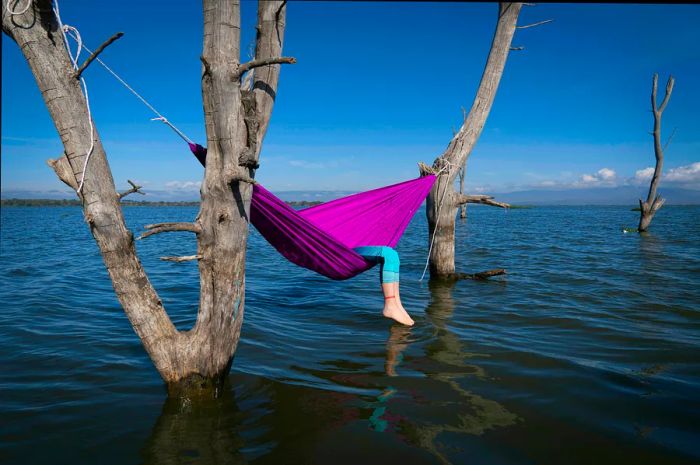 A person relaxes in a hammock stretched between two wooden posts by a lake