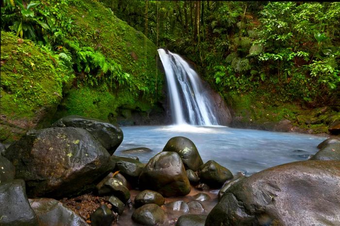 The base of the Écrevisses waterfall in Guadeloupe