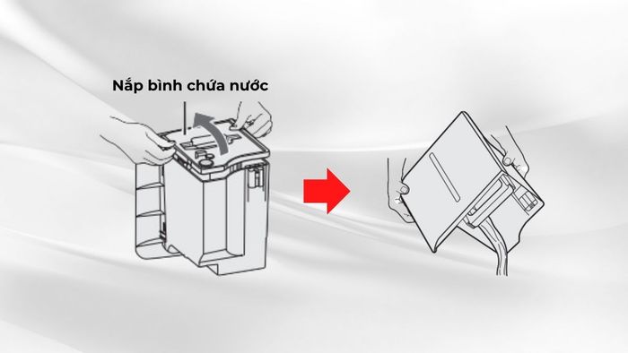 Mở nắp bình chứa nước và đổ nước ra ngoài.