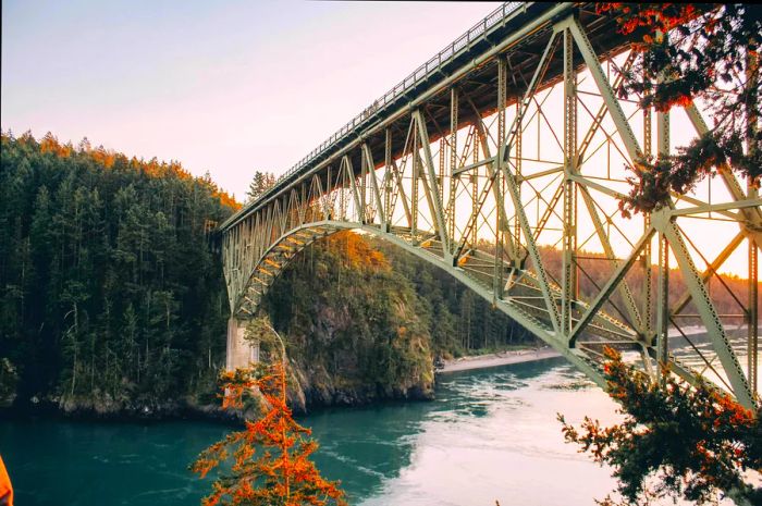 A tall, arched bridge spans two islands in autumn.