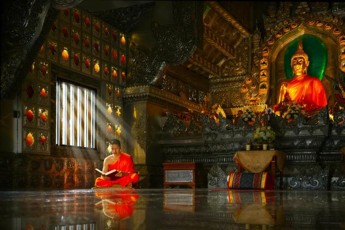 A young novice monk sits cross-legged, absorbed in reading within a Chiang Mai monastery.