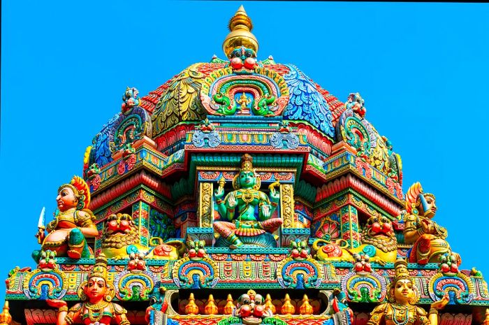 The intricate exterior of Sri Mariamman Temple located on Silom Road in Bangkok