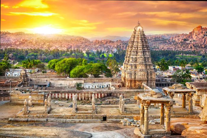 Virupaksha temple view from Hemakuta hill at sunset in Hampi, Karnataka