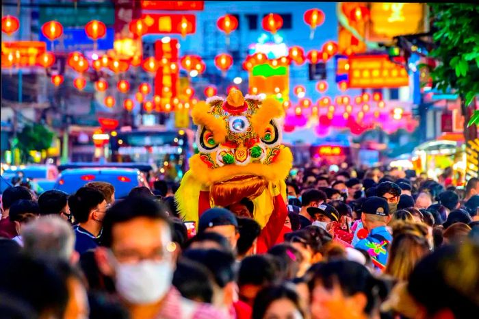 A dancer parades with a dragon head down the bustling main street in Bangkok's Chinatown during the Lunar New Year festivities.