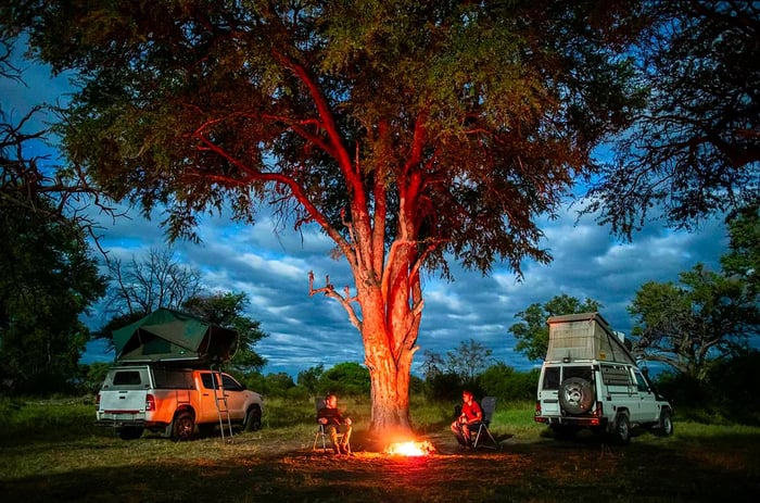 Two men gather around a fire beneath a tree in the African bush next to their camping 4WD vehicles, which have their roof tents set up.