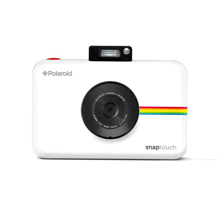 A rectangular white camera featuring rainbow stripes next to the lens on the right side.