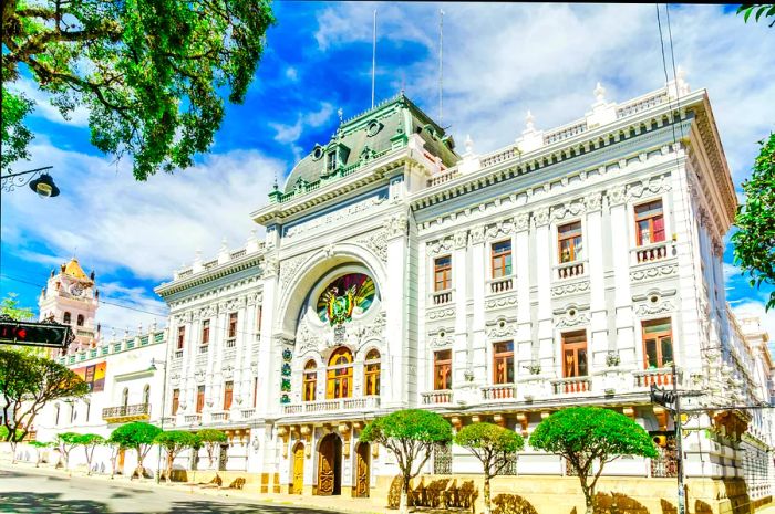 The colonial-style Chuquisaca Governorship Palace located at Plaza 25 de Mayo Square in Sucre, Bolivia