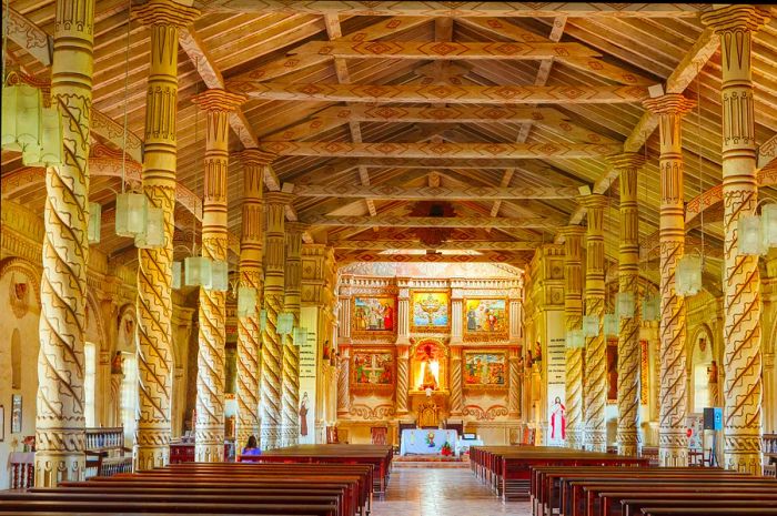 Interior of the Jesuit Mission Church of St. Xavier, located in the Chiquitos region, recognized as a UNESCO World Heritage site.