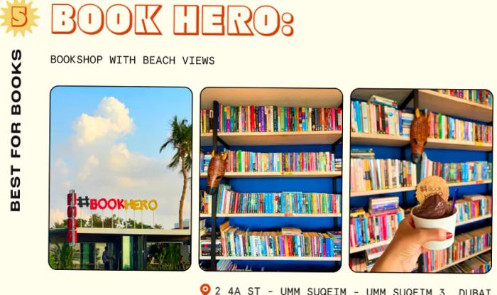 Detailed shots of bookshelves and ice cream at a bookstore in Dubai