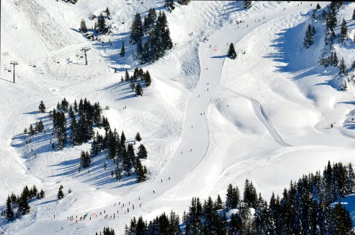 A bird's-eye view of skiers enjoying a gentle slope in Morzine-Avoriaz, France