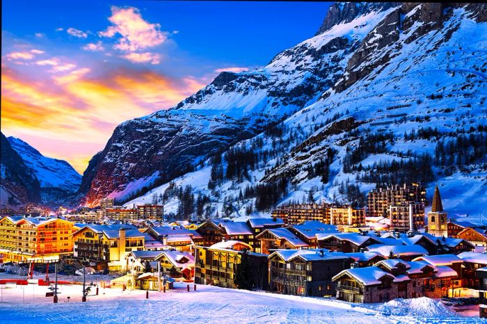 The town center of Val-d'Isère at dawn