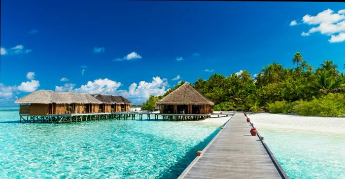 A tropical beach featuring water bungalows in the Maldives