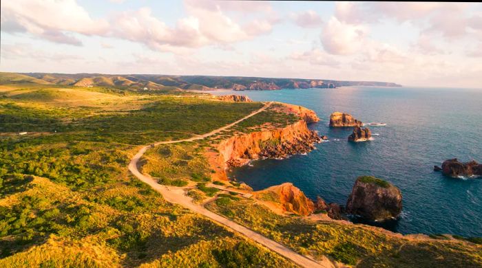 An aerial view captures a hiking path that winds along coastal cliffs.