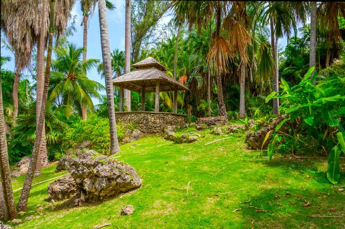 A pagoda rests atop a steep bank of grass and rocks, surrounded by palm trees at Andromeda Botanic Gardens in Barbados.