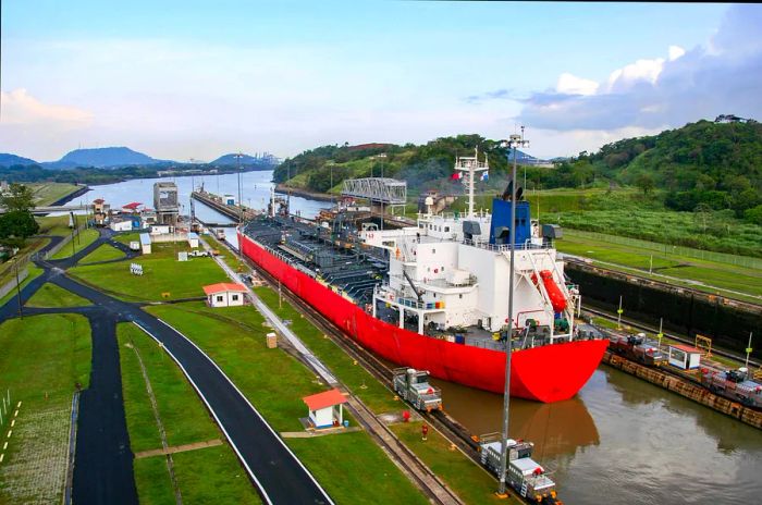 A boat is moored on the Panama Canal, an 80 km-long international shipping channel