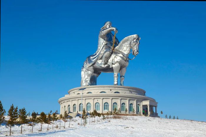 Equestrian statue of Genghis Khan on a sunny winter day, Ulaanbaatar, Mongolia