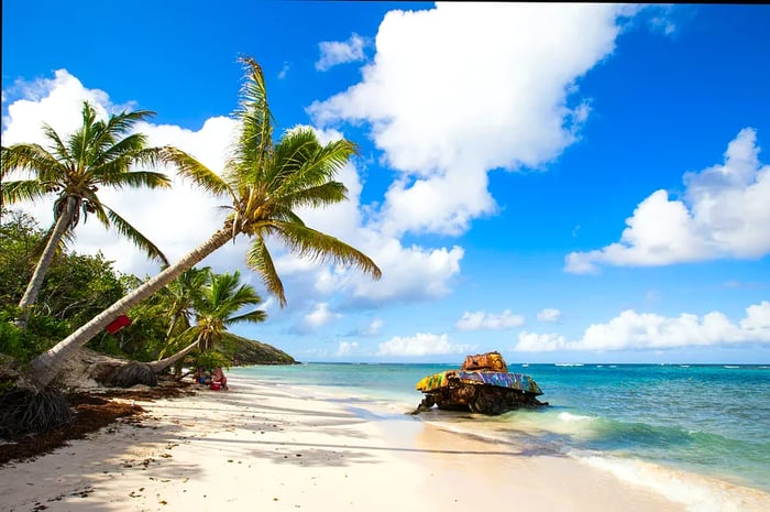 US tank and palm trees on Culebra Beach