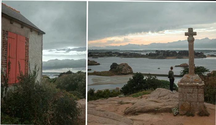 L: An outside view of a closed vacation home. R: A woman hiking along the Breton coastline