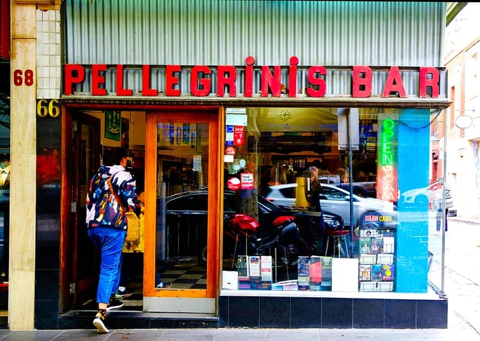 The exterior of Pellegrini's Espresso Bar in Melbourne