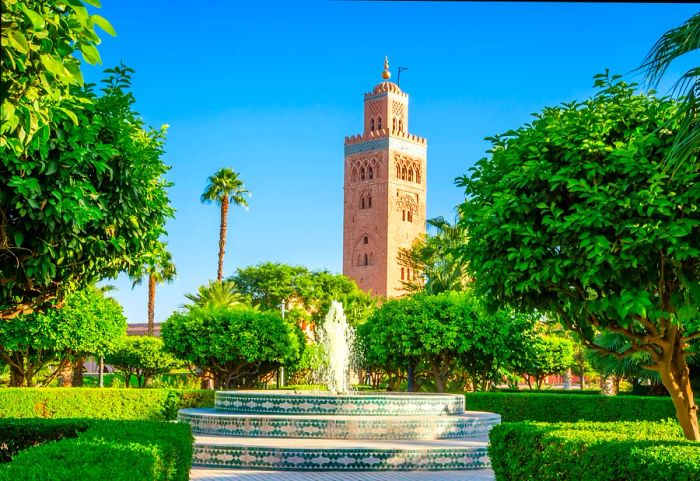 Fountain and park area in front of Koutoubia Mosque, Marrakesh