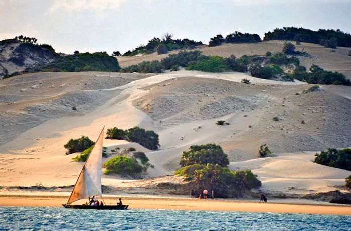 A traditional sailing vessel sails past expansive sand dunes.