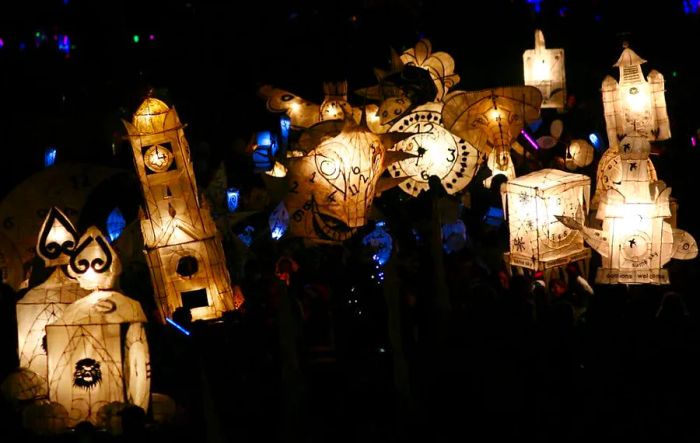 The Burning the Clocks lantern parade winds its way through Brighton in East Sussex, celebrating the winter solstice.