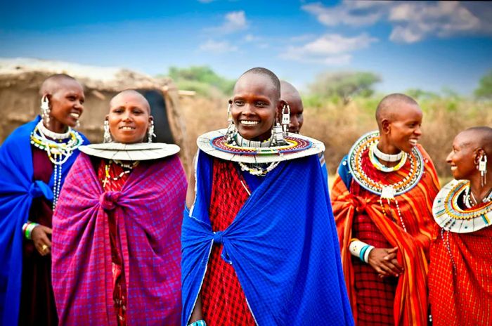 A gathering of Maasai women adorned in traditional attire and jewelry, Tanzania