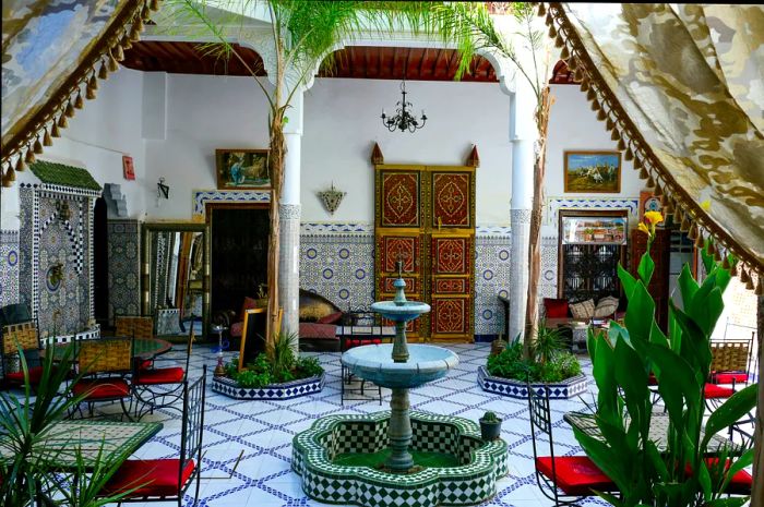 The beautifully tiled interior of a riad