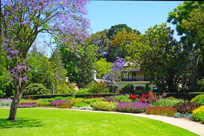 The Royal Botanic Gardens are situated in central Melbourne along the Yarra River, featuring both a herbarium and a dedicated children's garden.