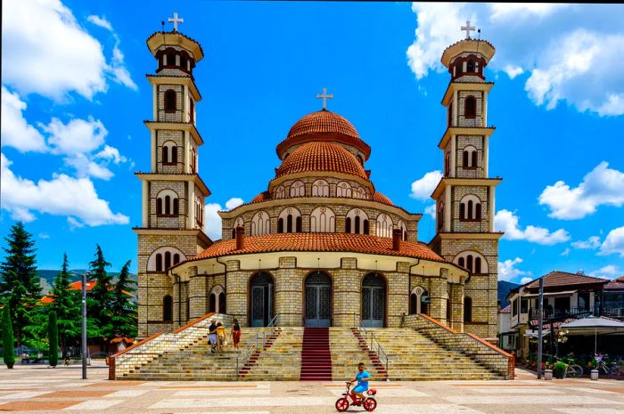 Traditional houses and an Orthodox church in Korce's historic district