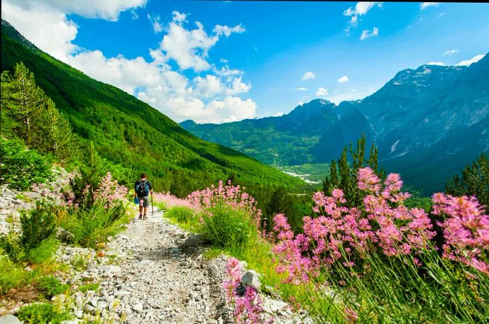 Descending from the Qafae Pëjes pass into the village of Theth, Albania