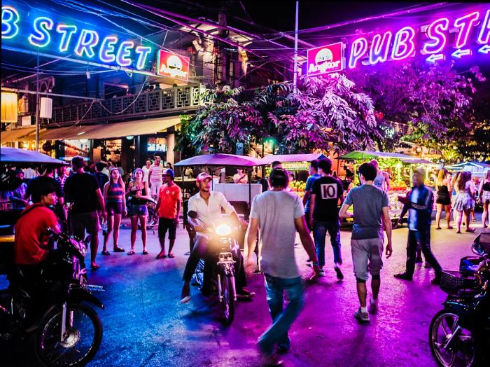 Nightlife enthusiasts gather at Pub Street in Siem Reap, Cambodia