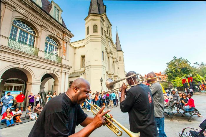 Kenneth Terry and his jazz ensemble perform in Jackson Square, located in the French Quarter of New Orleans, Louisiana, USA