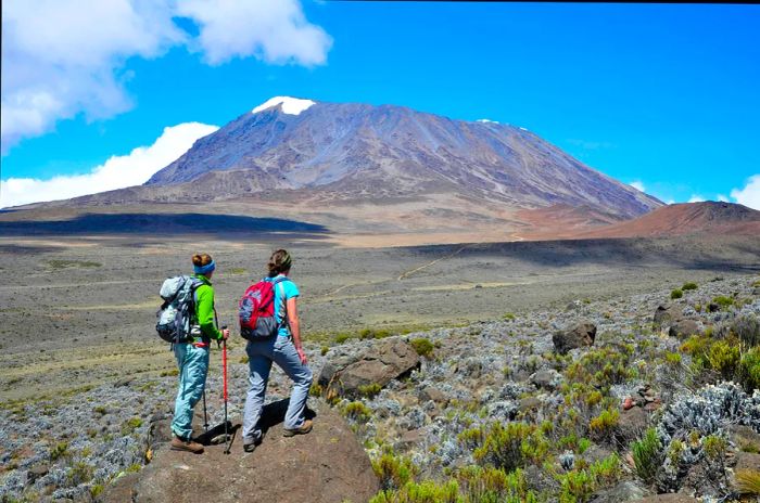 Two women trekking up Mt Kilimanjaro using the Marangu Route