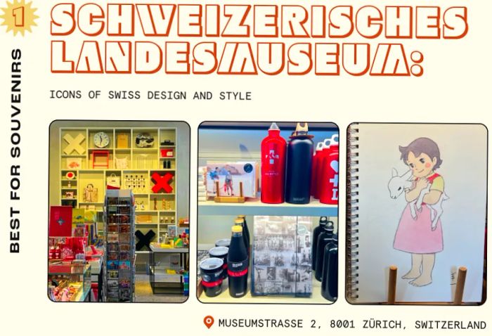 A collage of items from a Swiss museum shop, featuring water bottles, Heidi-themed notepads, and clothing.