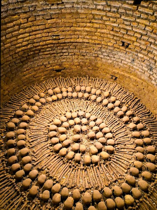 Bones arranged in geometric patterns within the catacombs beneath The Monasterio de San Francisco, Lima