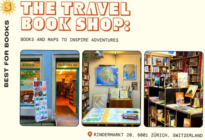 A collage featuring a bookstore in Zurich, highlighting the shop's exterior, a wall lined with maps, and a selection of travel books.