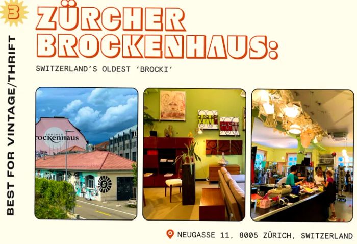 A collage showcasing a vintage shop in Zurich, featuring the store's exterior along with a selection of mid-century modern furniture and clothing.